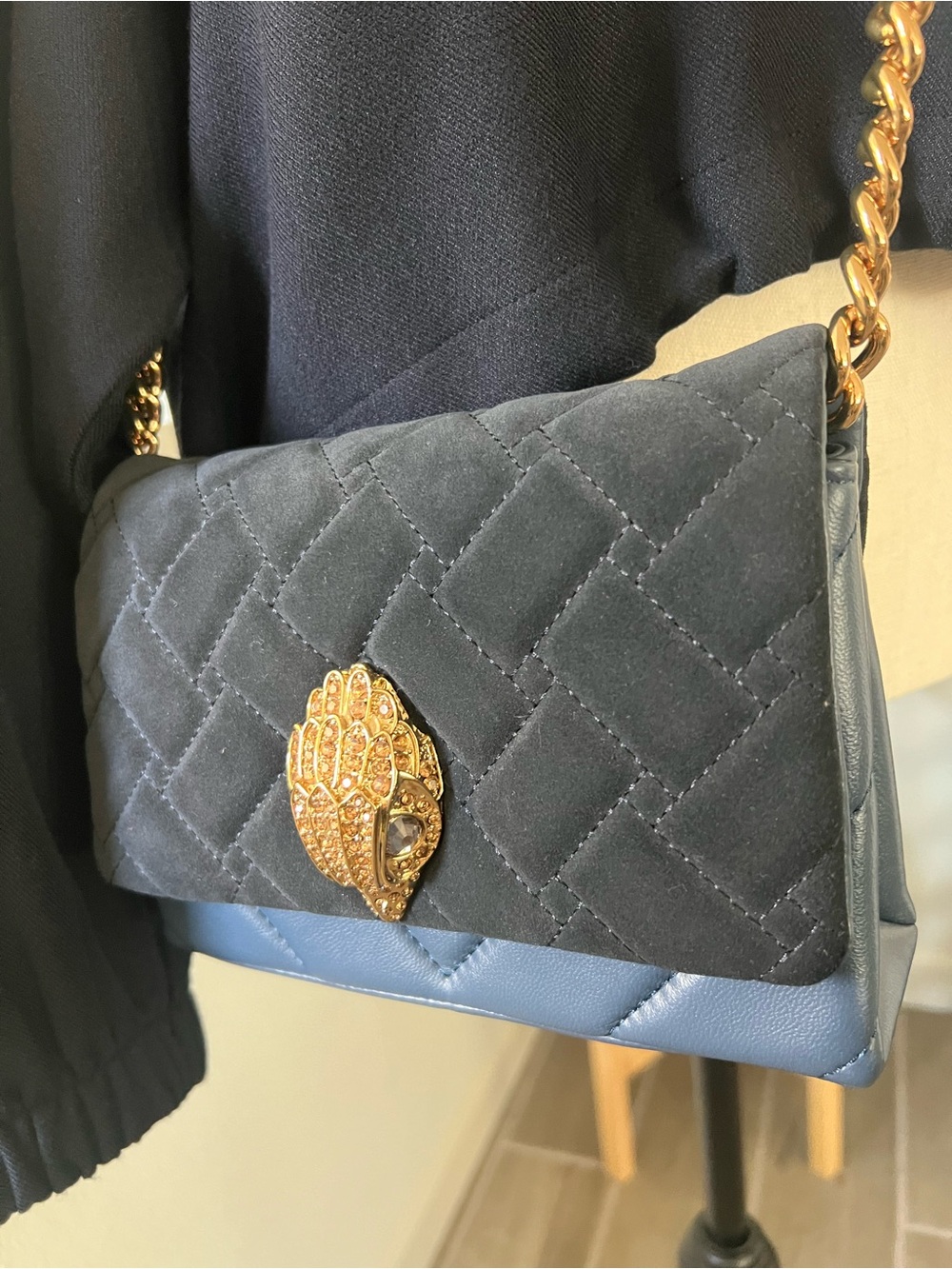 Kurt Geiger Quilted Navy (mixed material)  Crossbody Bag with Gold Accent.